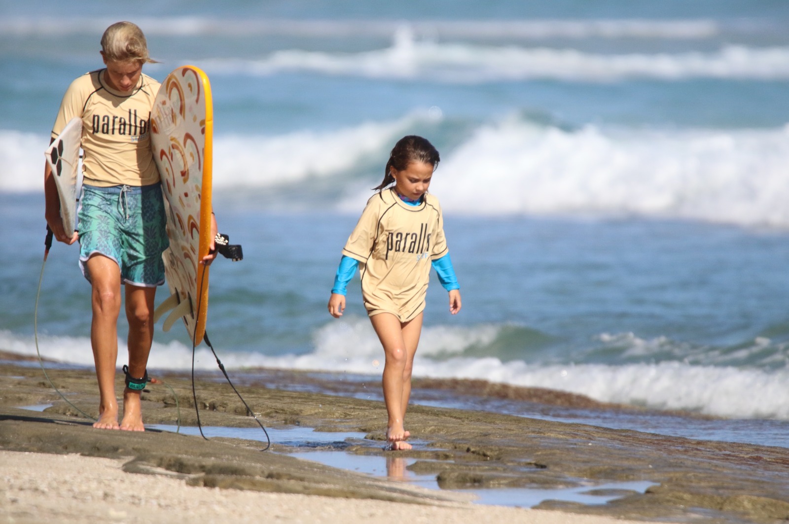 Young surfers walking together along the north coast